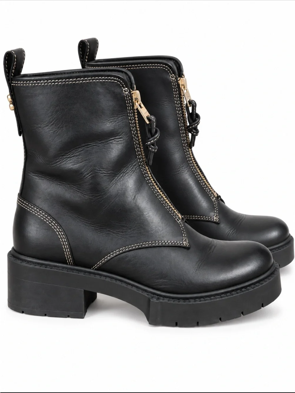 Coach Liza Black Leather Zip-Front Block Heel Ankle Boot with Heavy Chunky Sole